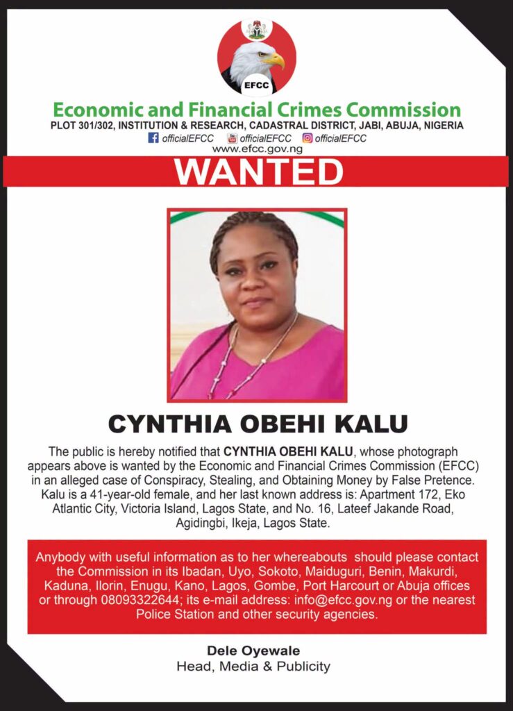 EFCC Declares Cynthia Kalu Wanted Over Alleged Fraud