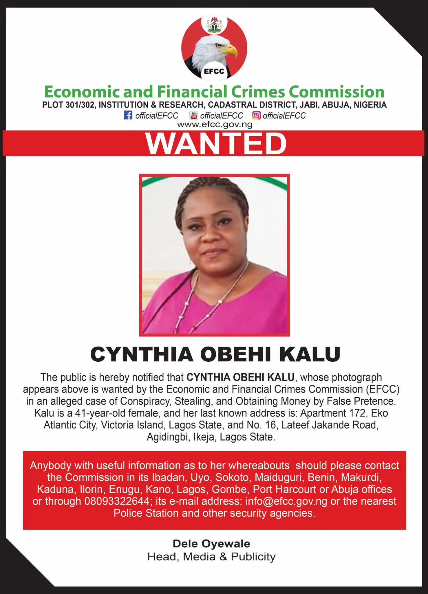EFCC Declares Cynthia Kalu Wanted Over Alleged Fraud